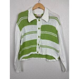 VTG Talbots Womens Cardigan Sweater Sz Medium‎ Green White Cotton Beachy Coastal